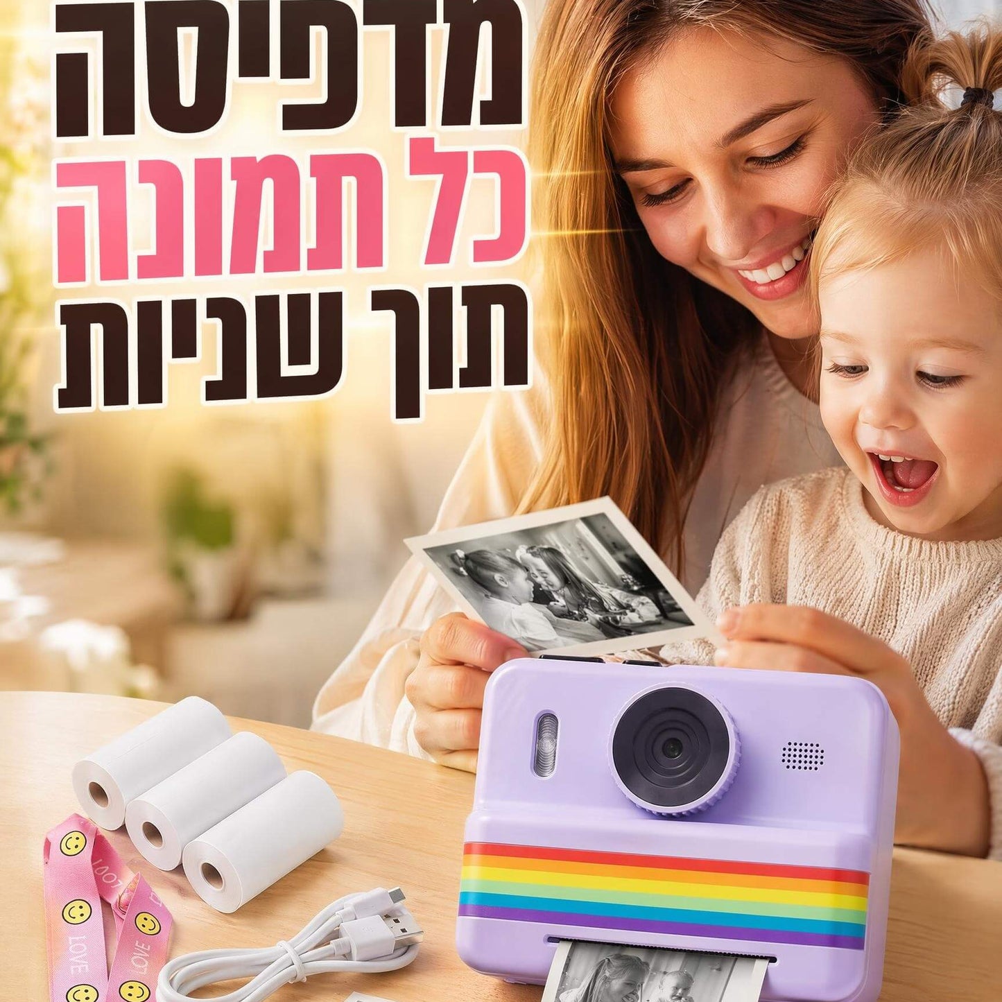 מצלמה מדפיסה לילדים ונוער - הדפסה מיידית, 4 צבעים