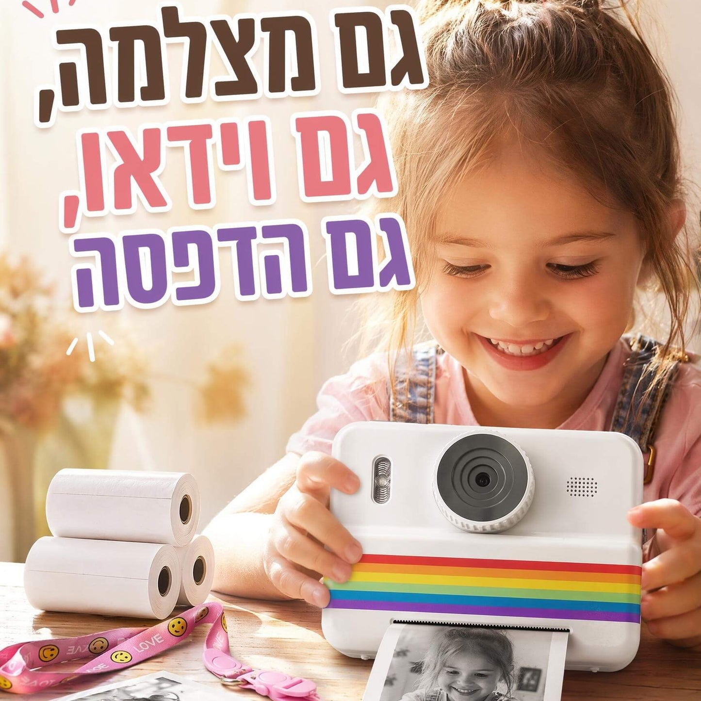 מצלמה מדפיסה לילדים ונוער - הדפסה מיידית, 4 צבעים